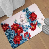 Red Peony Flower Printing Crystal Short Plush Outdoor Porch Doormat Home Decoration Sofa Carpet Bathroom Anti Slip Floor Mat