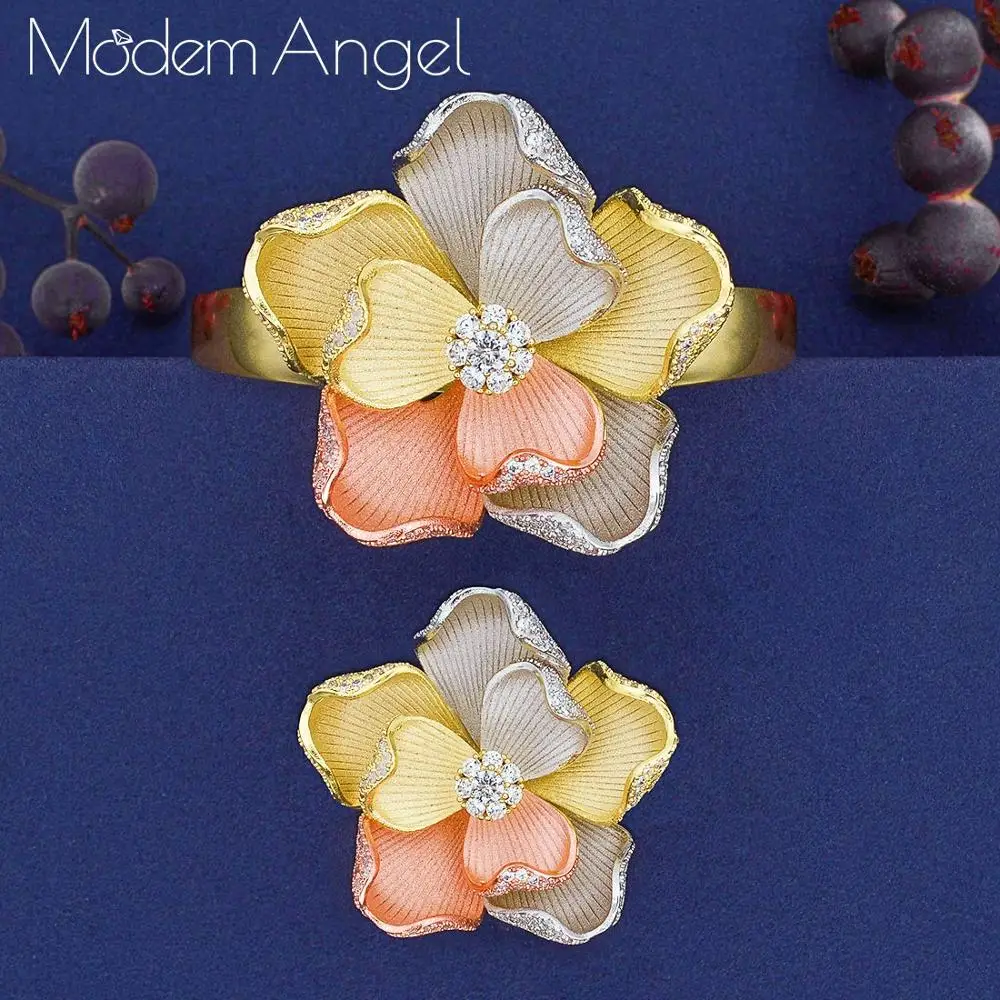 

ModemAngel, новинка, цветочный кластер, роскошный браслет из Аравии, набор колец для женщин, полная микро-фианита, ПАВЕ для вечеринки, свадьбы, Сау...