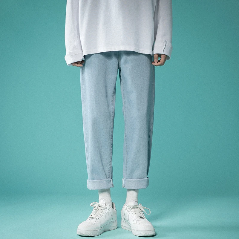 

Джинсы мужские однотонные длиной до щиколотки, модные прямые свободные штаны из денима, уличная одежда в Корейском стиле, брюки в стиле хип-...