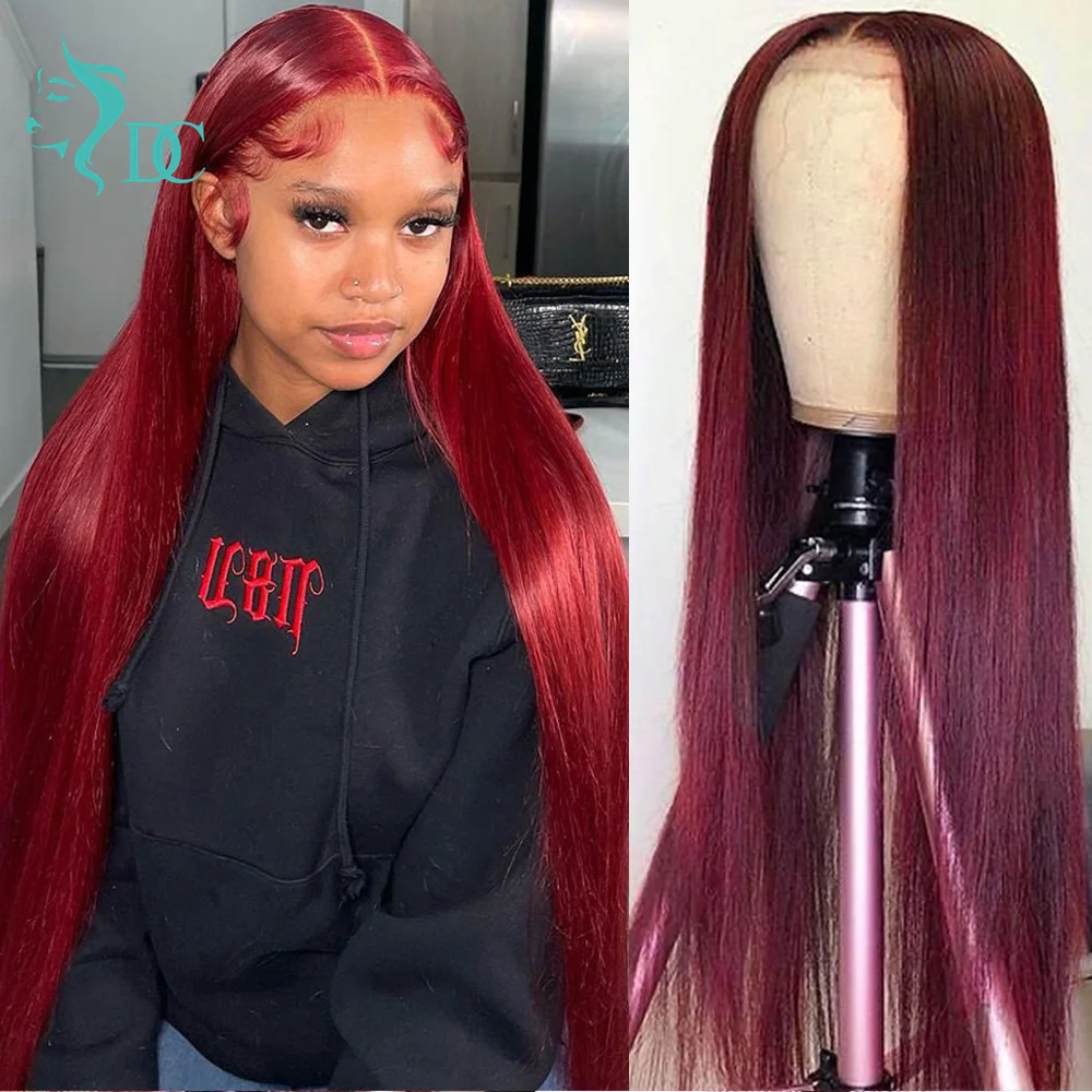 

99j красные бордовые кружевные передние парики из человеческих волос, предварительно выщипанные бразильские прямые волосы красного цвета, п...