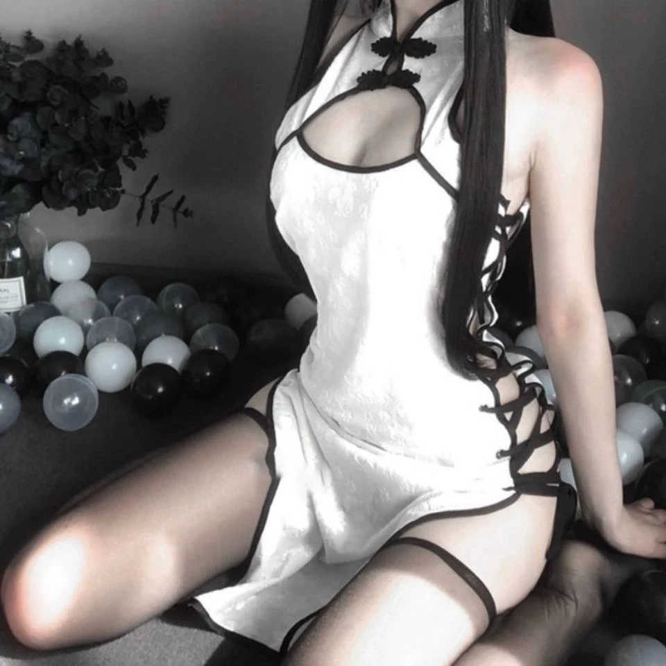 

Vrouwen Sexy Cosplay Kostuum Cheongsam Anime Dames Bodysuit Jurk Lace Outfit Rollenspel Slim Fit Open Borst Uniform Wit Zwart