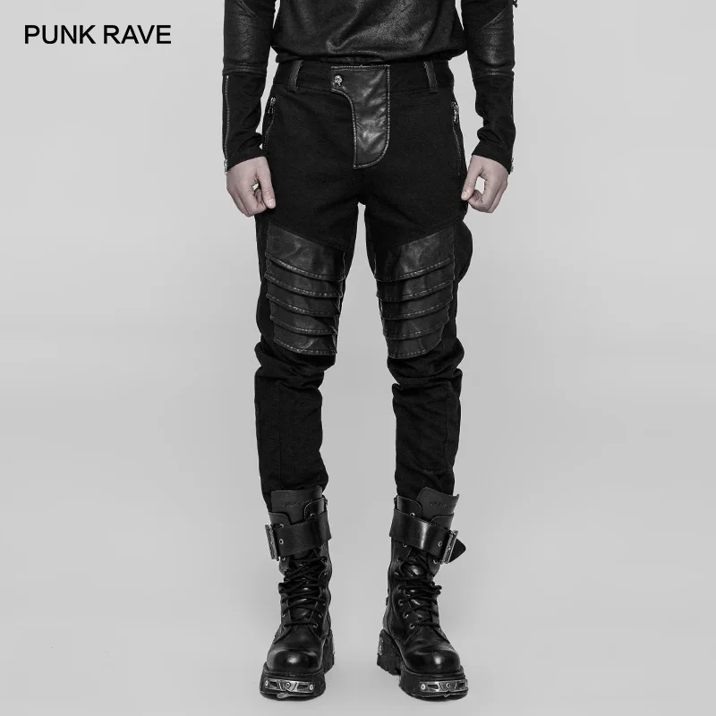 

PUNK RAVE Men's Punk Armor Black Twill Denim Black Trousers Handsome Cool PU Leather Stitching Men Pants Street Fashion