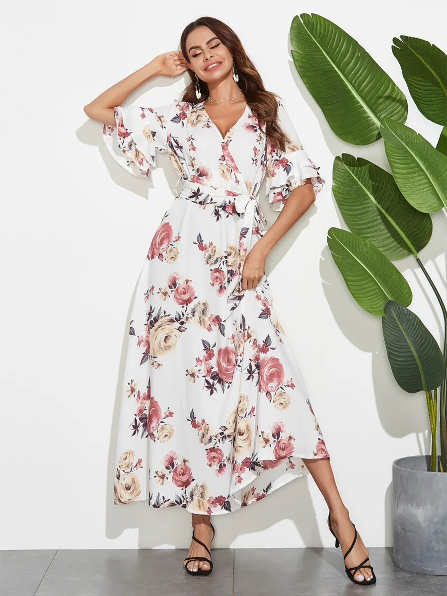

Women's Spring Cascading Ruffled Floral Print Dress Boho Style Summer Half-sleeved Office Shirt Dress Female A-line Party Vestid