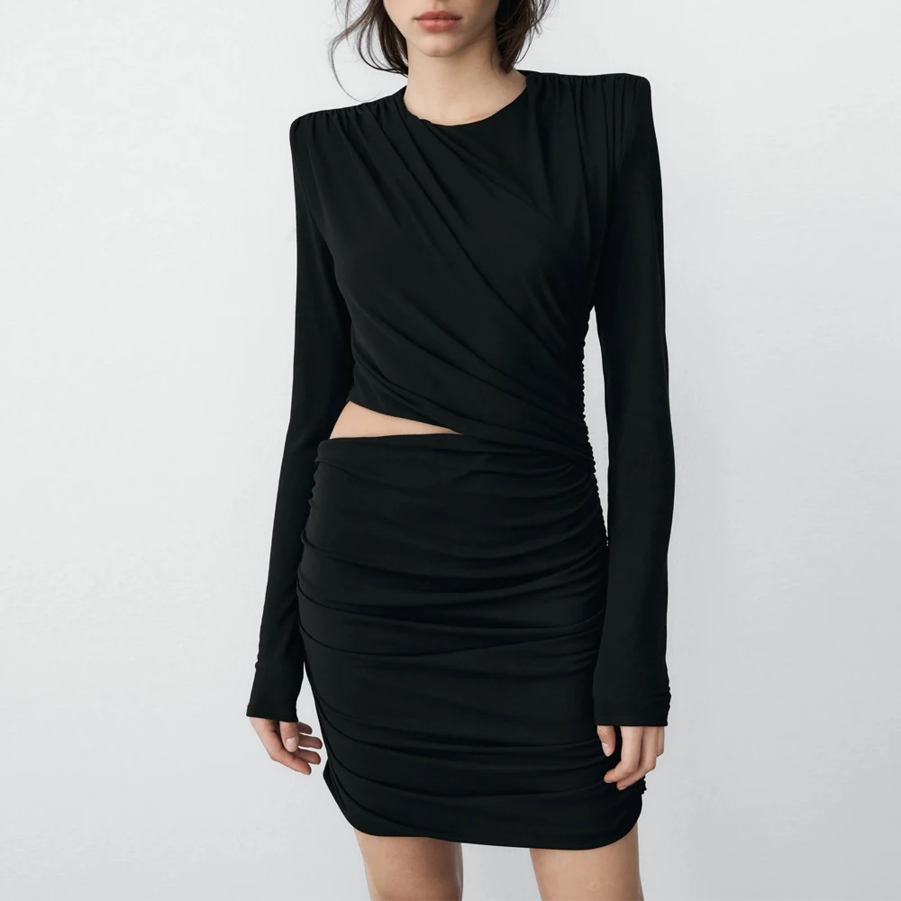 

Za Dress For New Year 2022 Women Fashion Hollow Out Bodycon Dress Black Autumn Winter Sexy Long Sleeve Elegant Mini Party Dresse