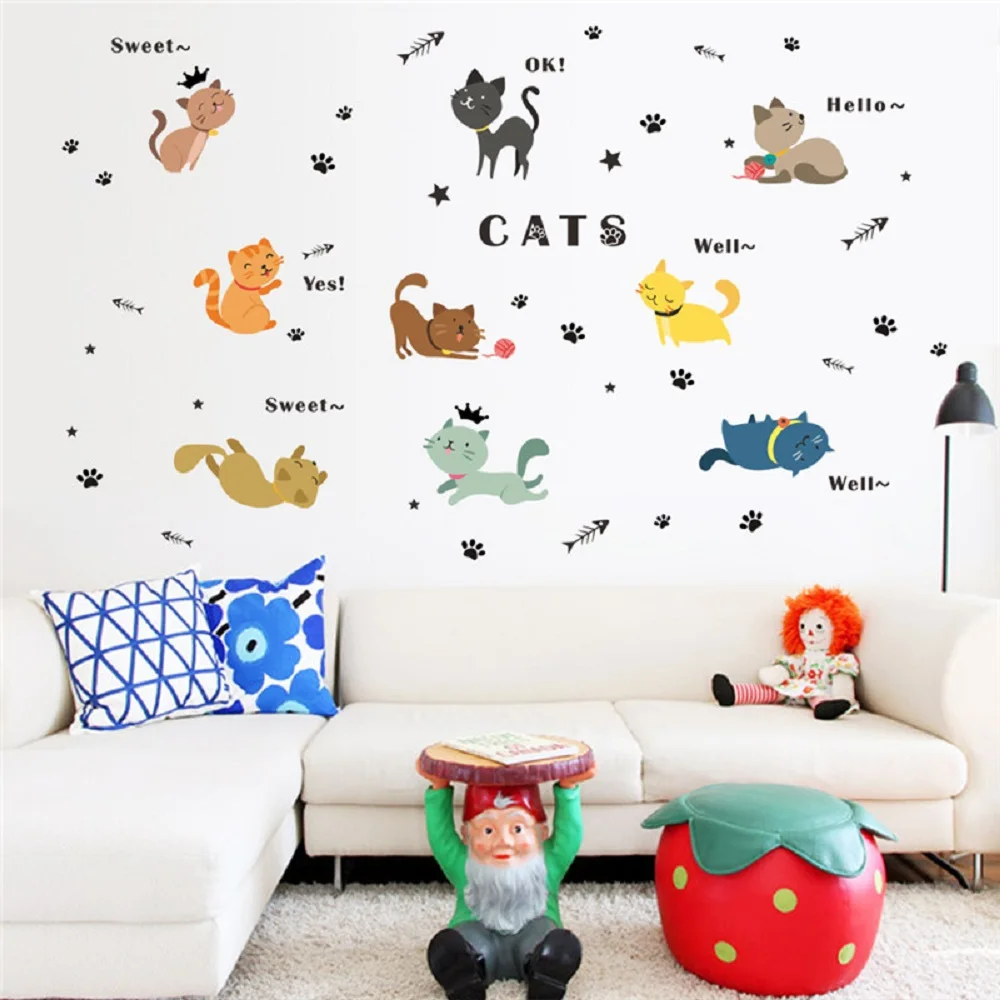 

Красочные милые наклейки на стену в виде кошек для детской комнаты, детская спальня, наклейка на стену, мультяшное украшение для дома, декор ...