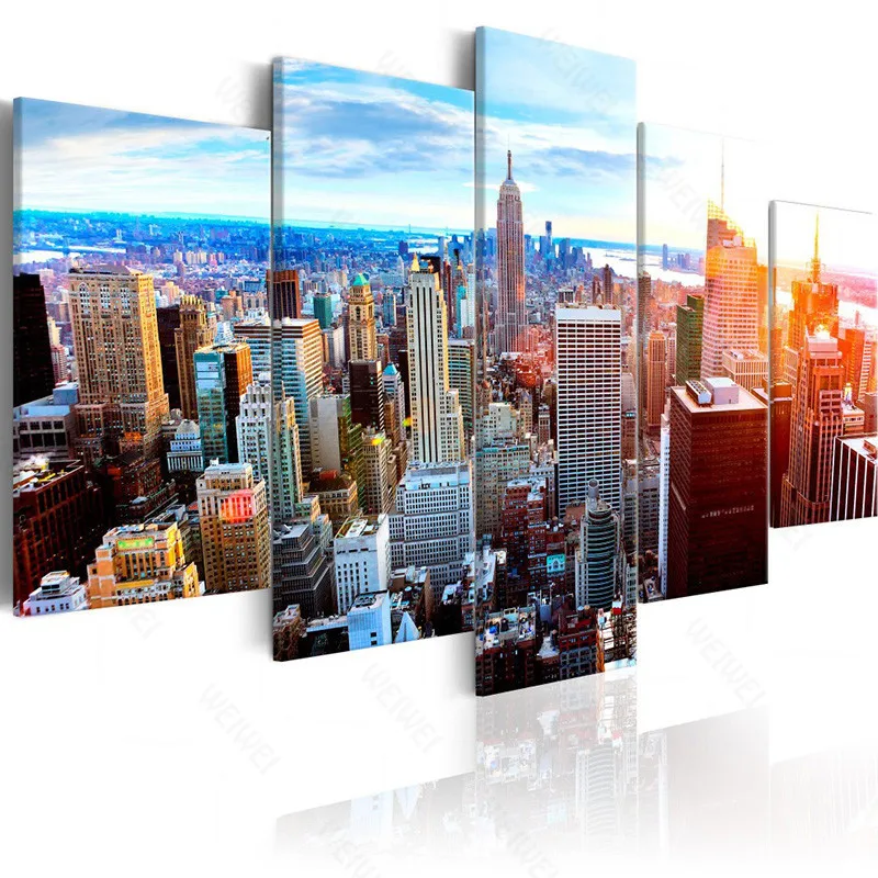 

5 Pieces Modern Landscape High-rise Building City Scenery Posters And Prints Wall Art Painting Modular Pictures For Home Decor