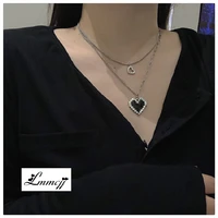 lmmcjj black mosaic heart necklace pixel heart double layered strap clavicle chain fashion hip hop jewelry accessories ins gift