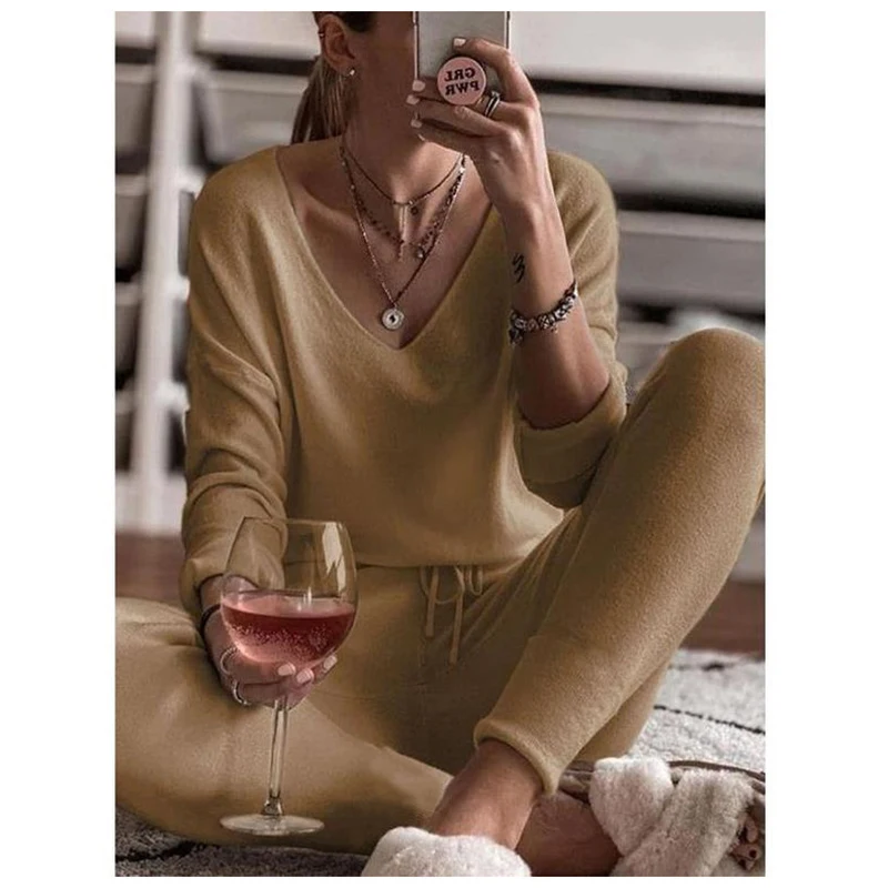 

OLOMM Women's Tracksuit Slim Elastic Casual Loose Home Comfortable Two-Piece Solid Color Base Suit 2021