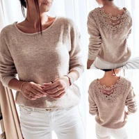 autumn sexy elegant lace stitching backless pullover sweater womens clothes long sleeve jumper top knitted sweater bodycon