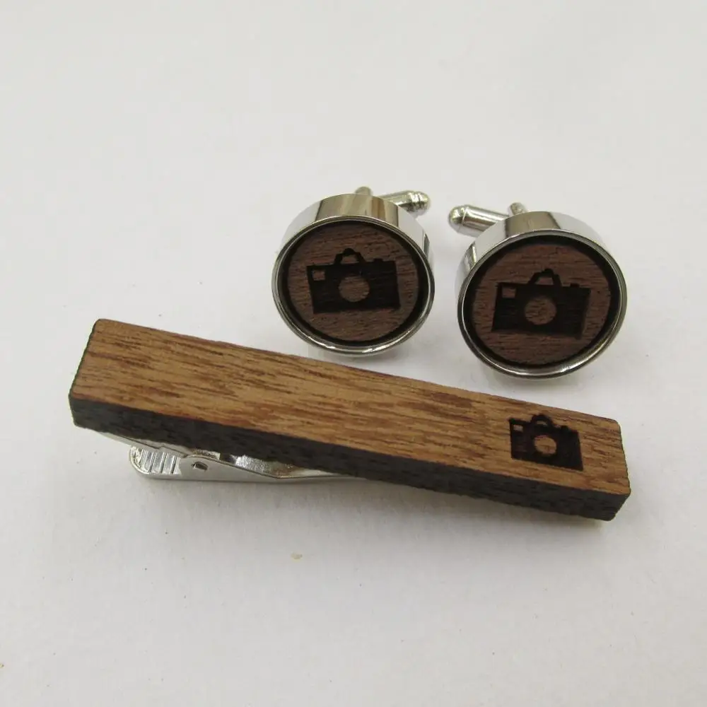 Camera Wood Photographer Cufflinks &amp Tie Clip Wooden Cuff Links Wedding Gifts For Mens Dad Husband | Украшения и аксессуары