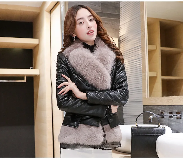 Leather jacket leather short jacket Ladies fashion lace-up waist coat Ladies elegant side pockets Faux fur fur collar coat women