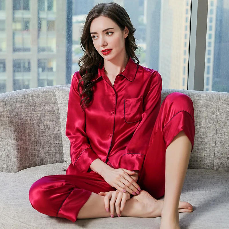 Women's Silk Pajamas Long Sleeve Two-Piece Suit 100% Pure Silk Ladies Split Can Be Worn Outside Tracksuit