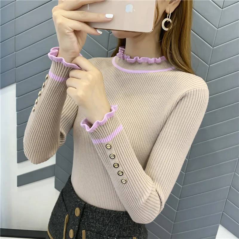 OHCLOTHING5344-женские свитера 2019New Женский пуловер высокая эластичность falbala вязаный кружевной воротник подходит ко всему джемпер