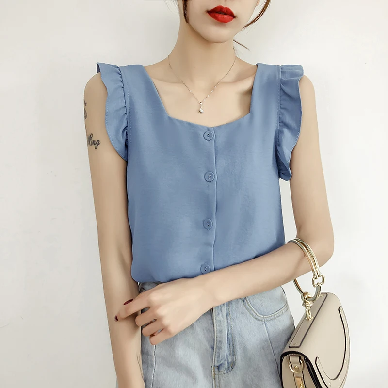 Женская шифоновая блузка MUMUZI белая без рукавов с рукавами крылышками оборками