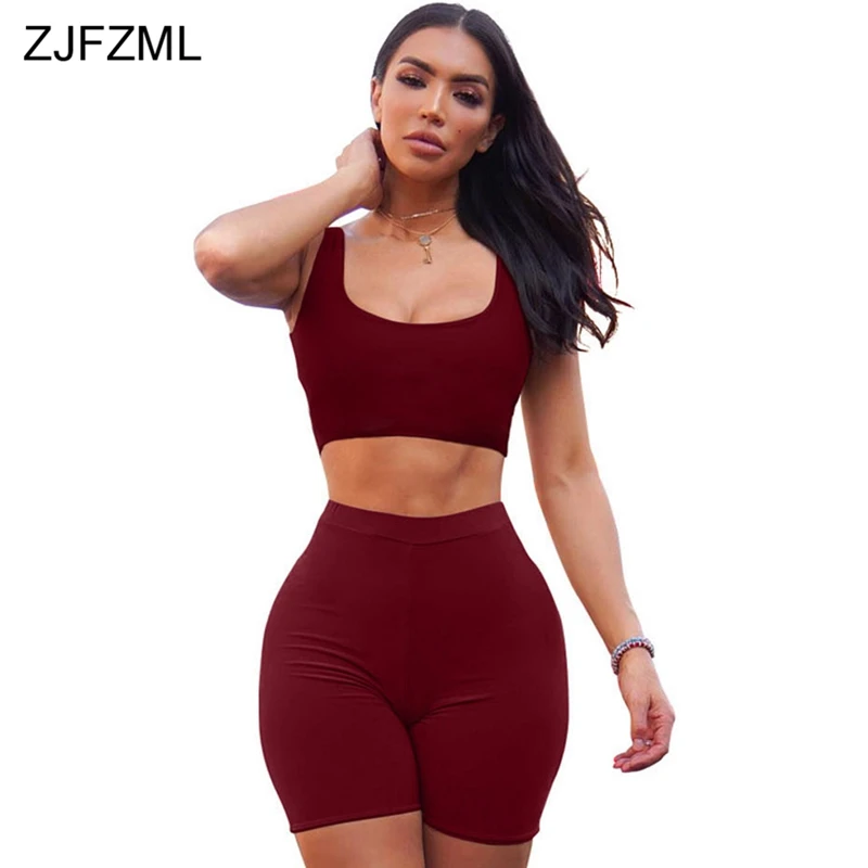 Wine Red Летний комплект из двух предметов для женщин, топ без рукавов с круглым вырезом+ обтягивающие байкерские шорты, повседневные Клубные наряды, сексуальный комплект из 2 предметов - Цвет: Wine Red