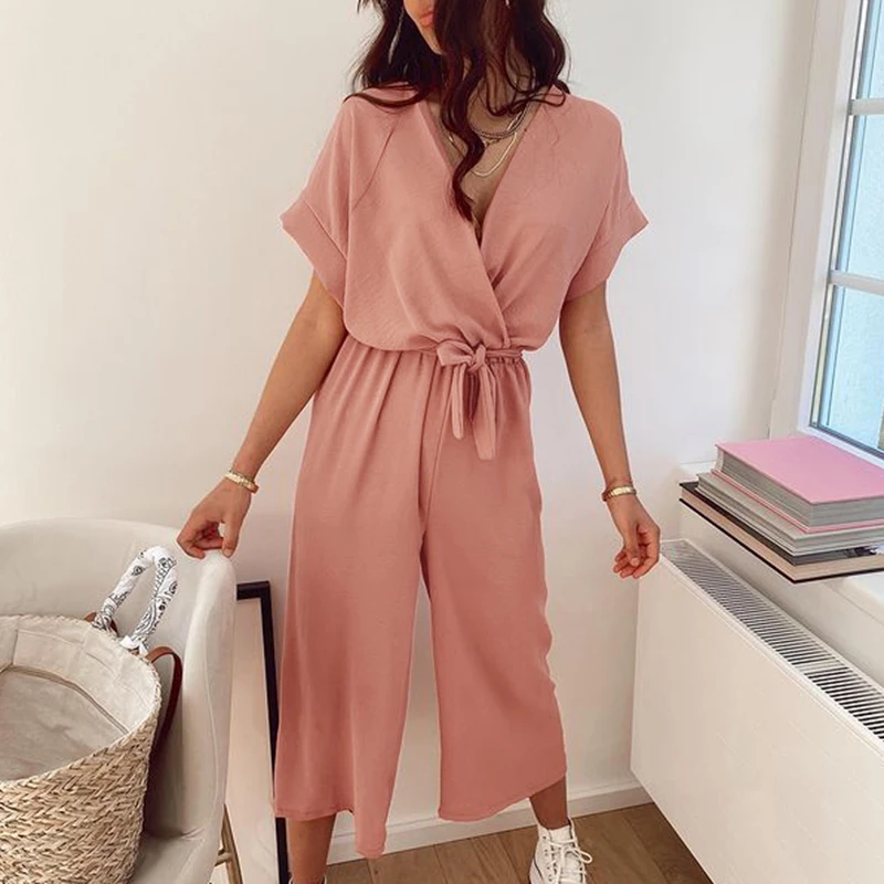 

CP Casual V Neck Loose Jumpsuits Women Vogue Tie Belt Calf Length Jumpsuit Women Elegant Short Sleeve Jumpsuits Female Ladies