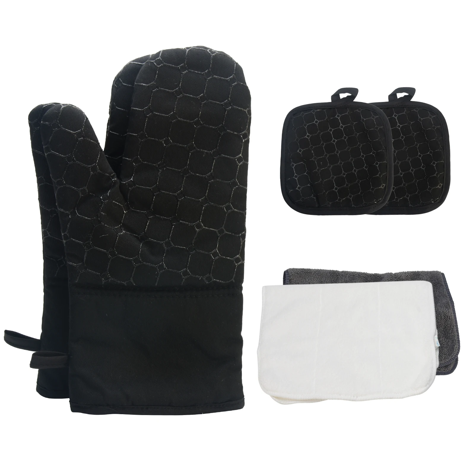 

Pot Holder BBQ Cooking Soft Lining Non Slip Baking Oven Mitts Set With Towels Multifunction Home Heat Resistant Gloves