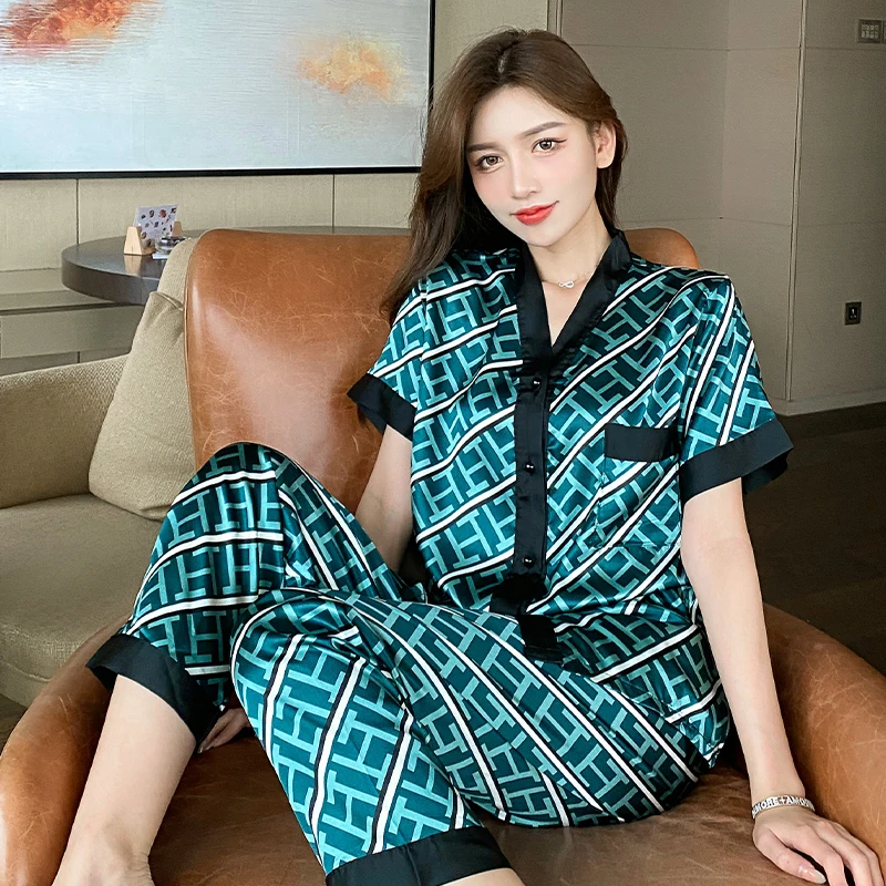 CAIYIER Women Pajamas Set Sexy Luxury Fashion Letters Print Summer Short Sleeve Silk Like Leisure Home Clothes Pants Sleepwear