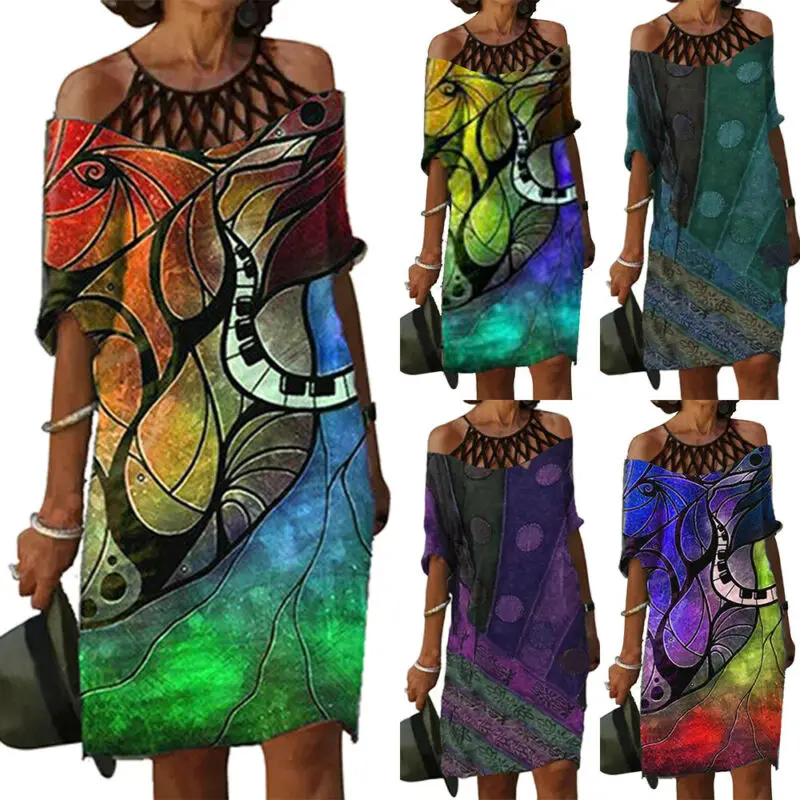 

Летнее платье для женщин, платье с цветным принтом и коротким рукавом, повседневное праздничное свободное платье, женская одежда