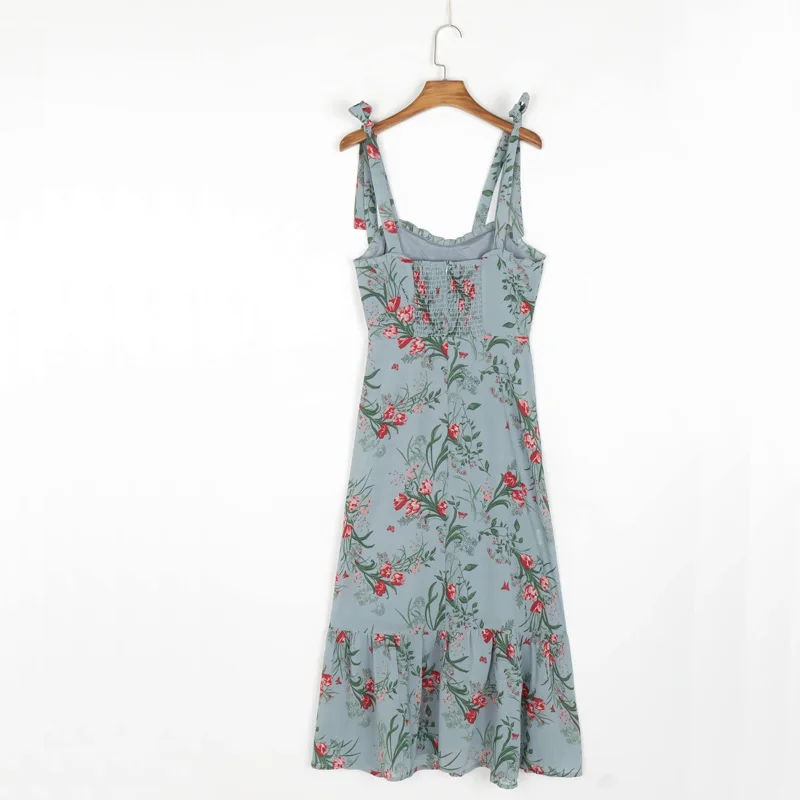 

Summer Women's Casual Flower Print Ruffled Slim Sling Dress Vestidos