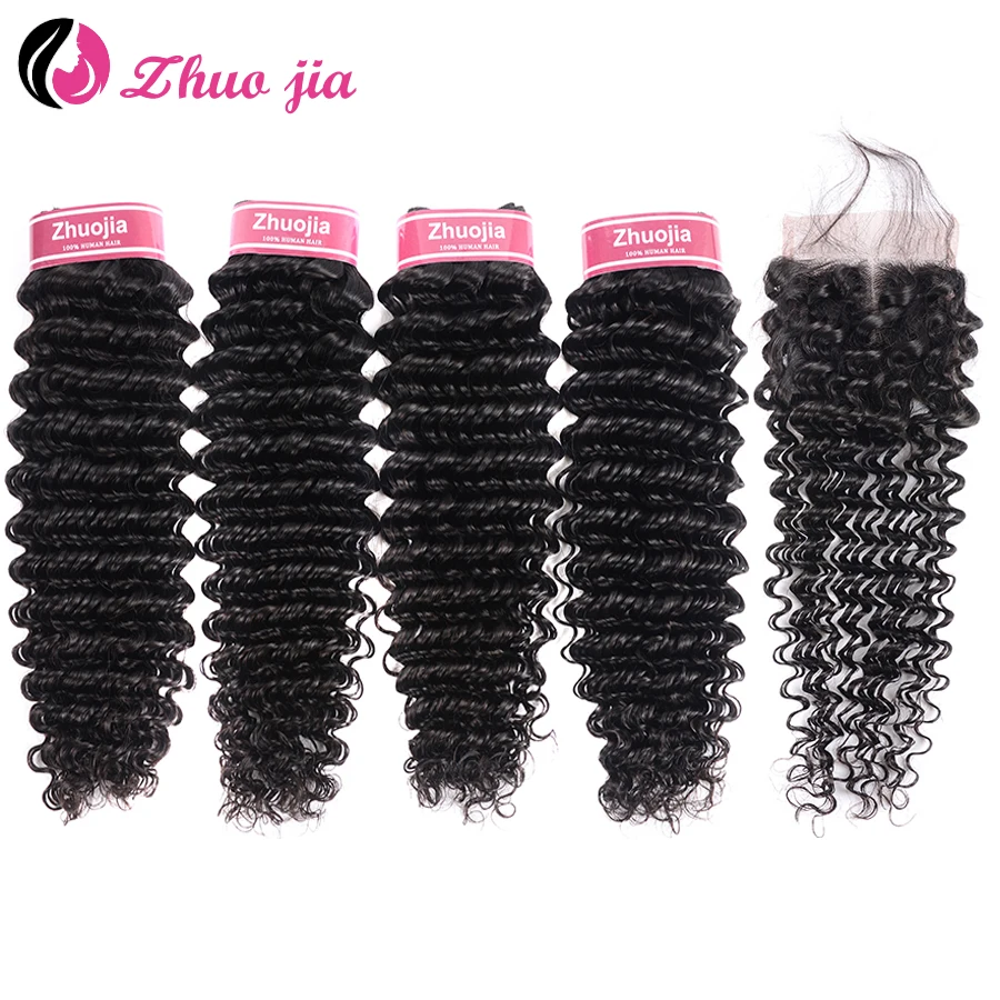 ZHUO JIA Deep Curly Bundles With Closure Long Brazilian Hair 4 Human Weave Extensions Remy Lace Frontal Bundle | Шиньоны и парики