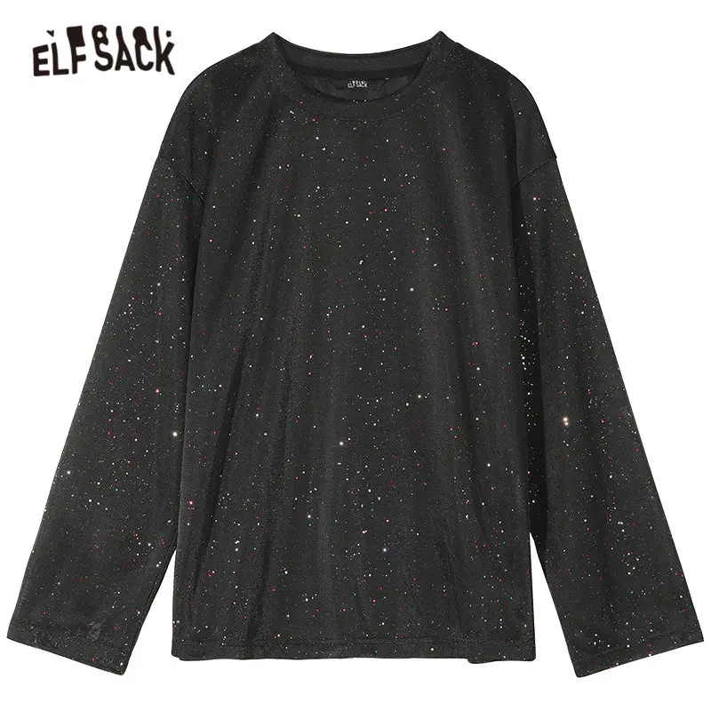 ELFSACK, черные, одноцветные, контрастные, с блестками, футболки для женщин, осень, новая мода, с расклешенными рукавами, чистый, Повседневный, офисный, для девушек, базовые Топы