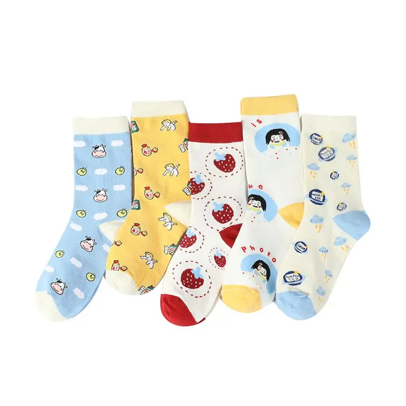 

2020 New High Quality Fashion Harajuku Kawaii Happy Women Socks milk Food girl Strawberry Animal Print Funny Socks Cute Sock