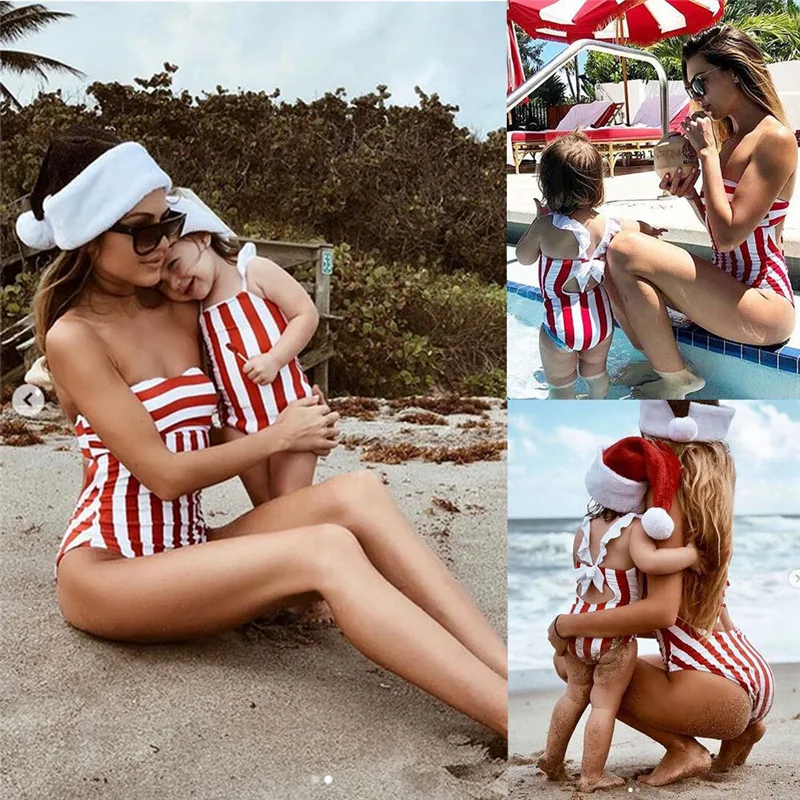 Семейный монокини для женщин и дочек купальник в полоску с высокой талией