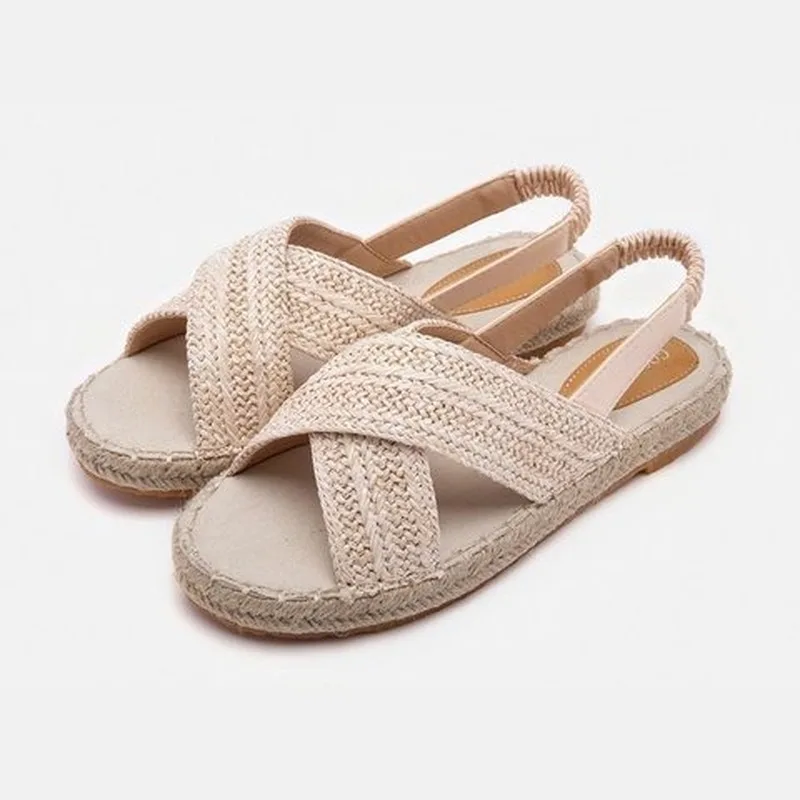 

Large Size 43 Summer Sandals Female Open-toed Flat Sandals Women Handmade Burlap Fashion Casual Straw Beach Shoes Sandals