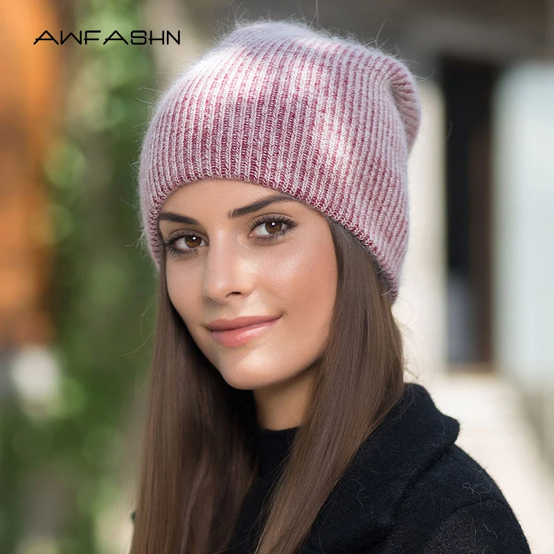 Новинка простая Шапка-бини из кроличьего меха для женщин зимние вязанные шапочки