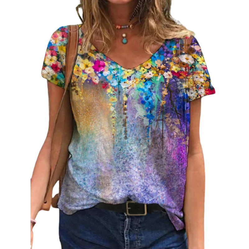 

Tops de talla grande para mujer, Camiseta con estampado Floral 3D de talla grande, Camiseta holgada de manga corta con cuello