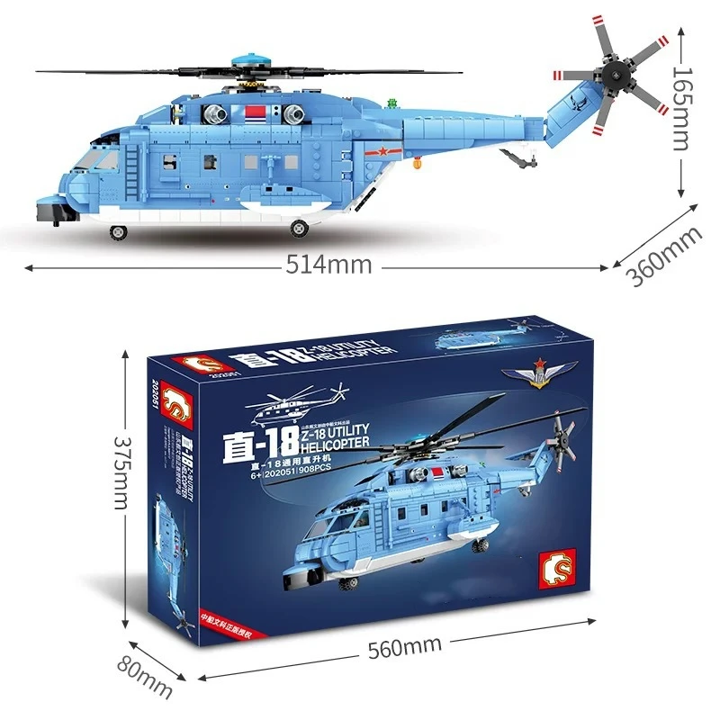 

908pcs Military Z-18 Utility Helicopter Building Blocks Model High-tech Carrier-based Aircraft City Bricks Soldier Weapon Toys