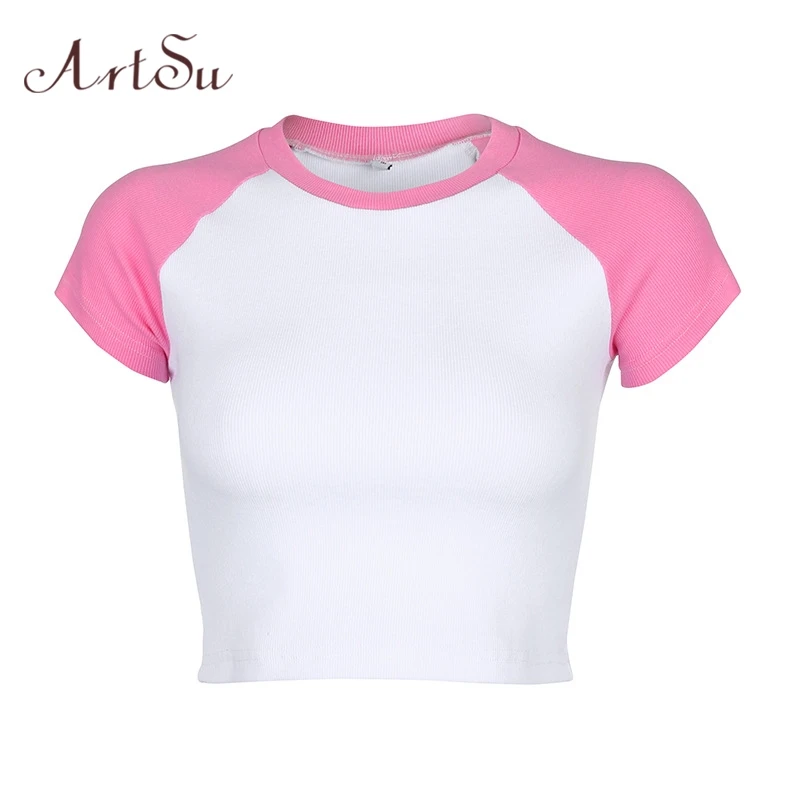 

Artsu Summer Patchwork Cotton T-Shirt Women Cute Pink Sky Blue Crop Top T Shirt Ladies 2020 Short Tops Tee Shirt Tshirt