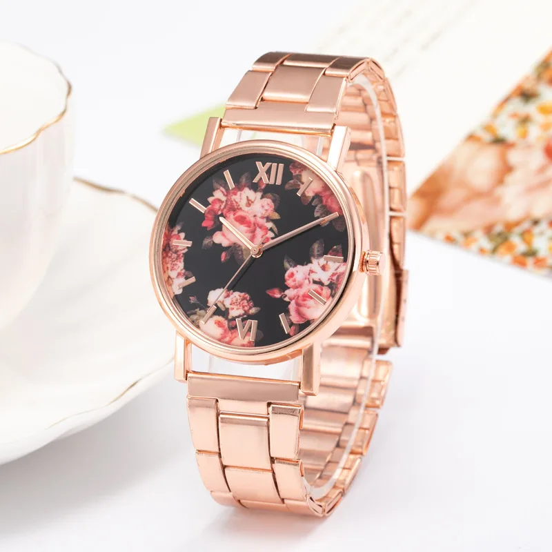 

Female Women Retro Personality Flower Roman Dial Round Exquisite Steel Band Fashion Casual Women Ladies Electronic Quartz Watch