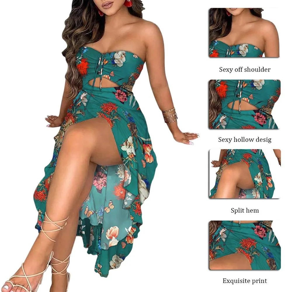 

2021 Spring Summer Women Fashion Elegant Bandeau Floral Butterfly Print Cutout High Slit Dress Beachwear