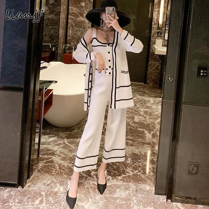 

Autumn Knitted Wide-leg Nine-point Pants Women European Tank Top + Cardigan Knitted + Three-piece + Pants Women's Tracksuit Sets