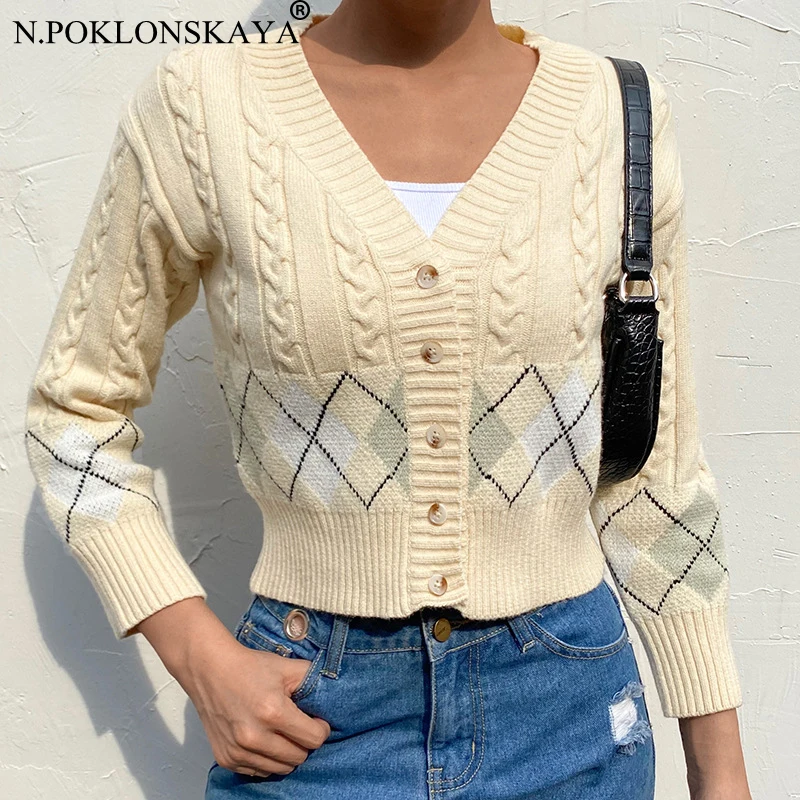 

Autumn Winter Sweater Long Sleeve V Neck Button Down Cardigans Women Argyle Plaid Knitted Short Casual Tops Female Knitwear
