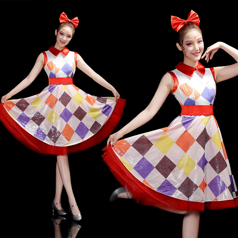 

Women Modern Dance Dress Elegant Girls Square Ballroom Waltz Tango Dance Costume Adult Sleeveless Print Spanish Flamenco Dress