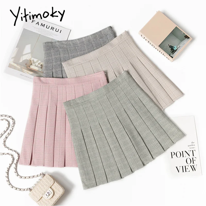 Yitimoky юбка плиссированная клетчатая женская Новая зеленая трапециевидная harajuku с