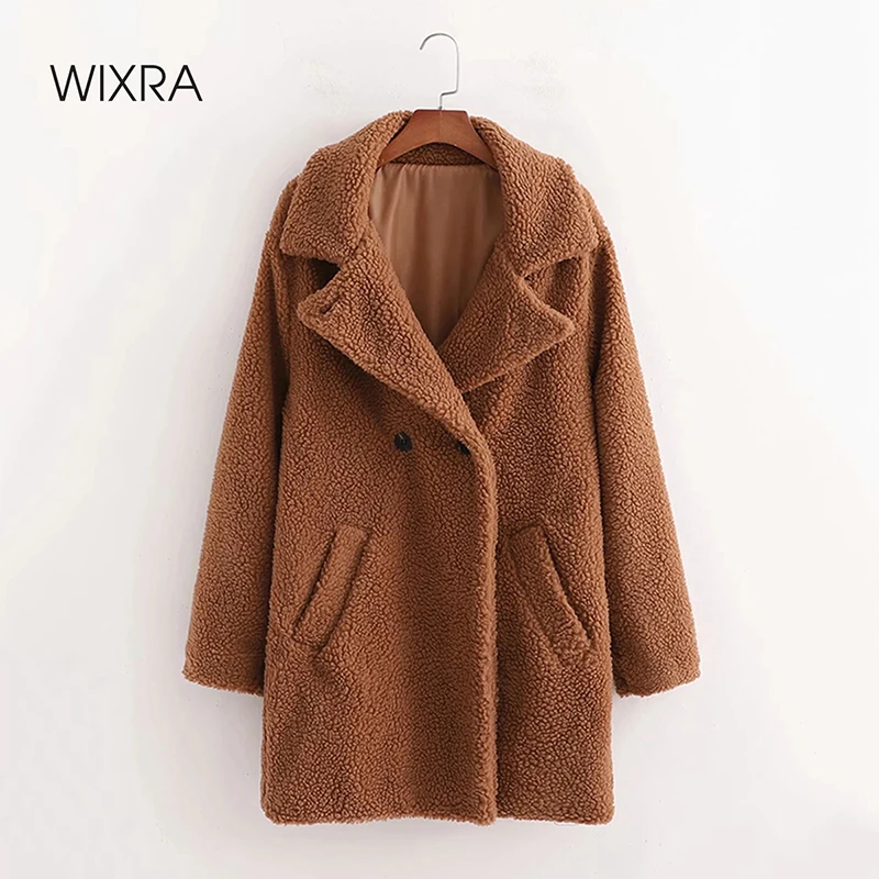 

Wixra женское плюшевое пальто на пуговицах, длинная верхняя одежда, куртка с карманами, однотонное пальто из овечьей шерсти с отложным воротни...