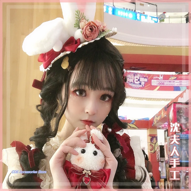 

Japanese Original Lolita Rural Rabbit Weave Straw Hat Sweet Rose Flower Cute Young Girl Plush Rabbit Ears Gorgeous Top Hat New