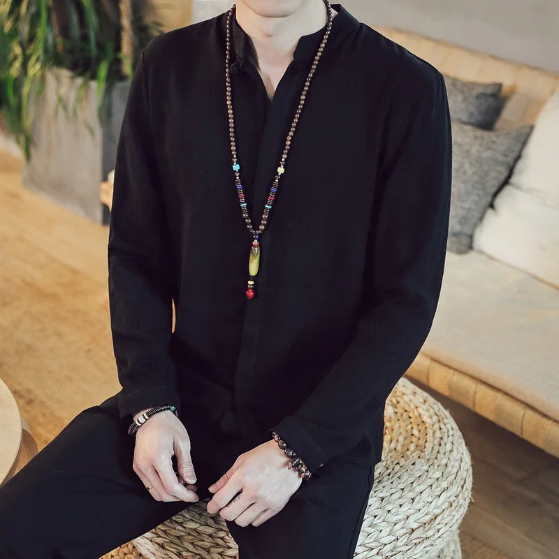 Chinese Style Solid Tang Suit Shirt Men Fashion Streetwear Harajuku Long Sleeve Mens Shirts 2021 Kung Fu Clothes 31640 | Тематическая
