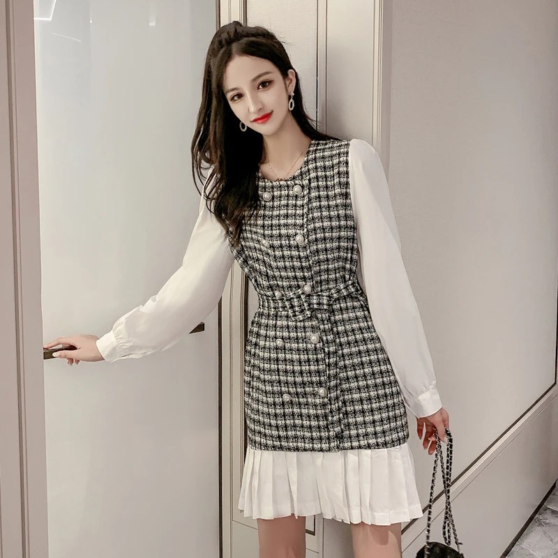 Клетчатое платье женское 2019 осень Новое Женское французское офисное винтажное
