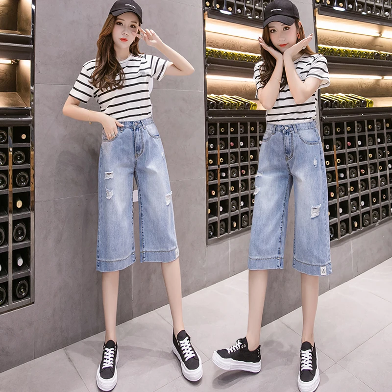 

Limiguyue Summer Women Cropped Denim Pants Thin Wide Leg Pants Breathable Ripped Hole Loose Mom Jeans Cowboy Vaqueros Mujer K966