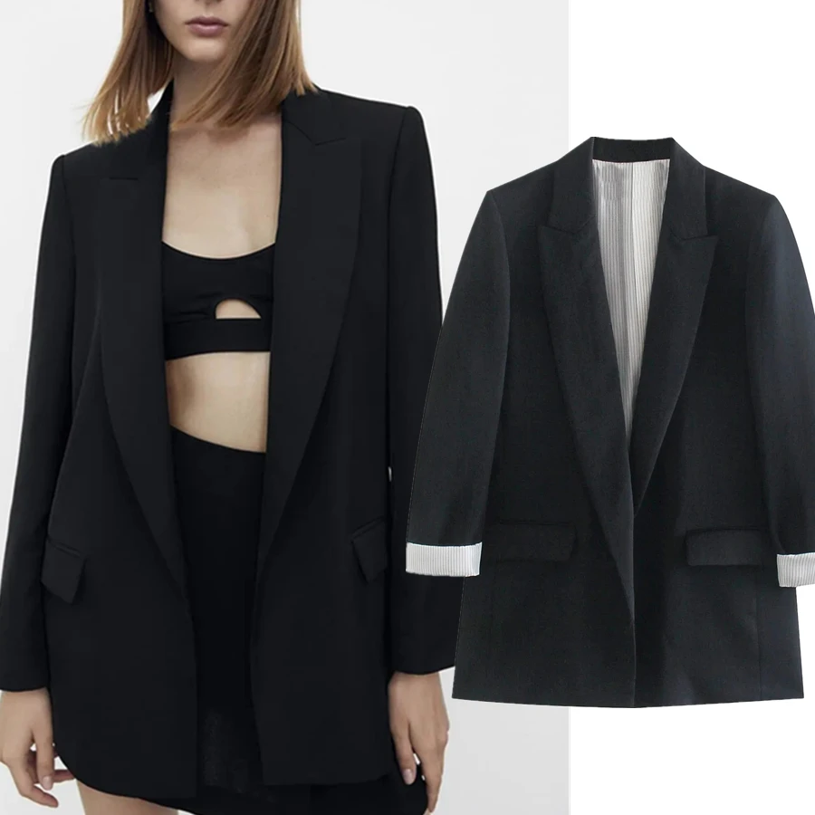 

Блейзер Maxdutti Feminino2021 в английском стиле, модный простой Женский блейзер с закатанными рукавами и куртки, черный Свободный Повседневный блей...