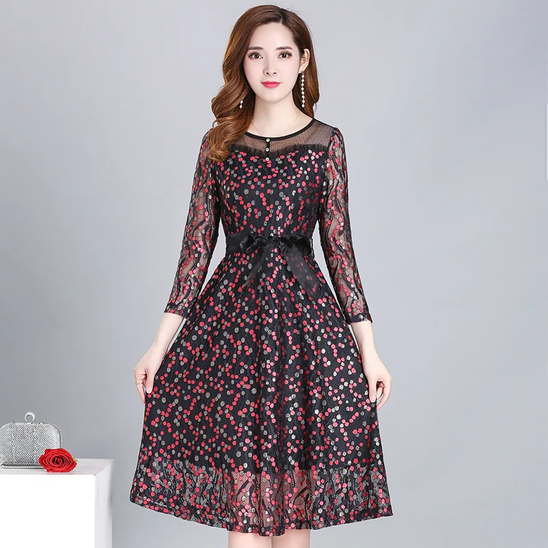 

Summer Fresh Fashion Polka Dot Print Dress New O Neck Long Sleeve A word Midi Dress