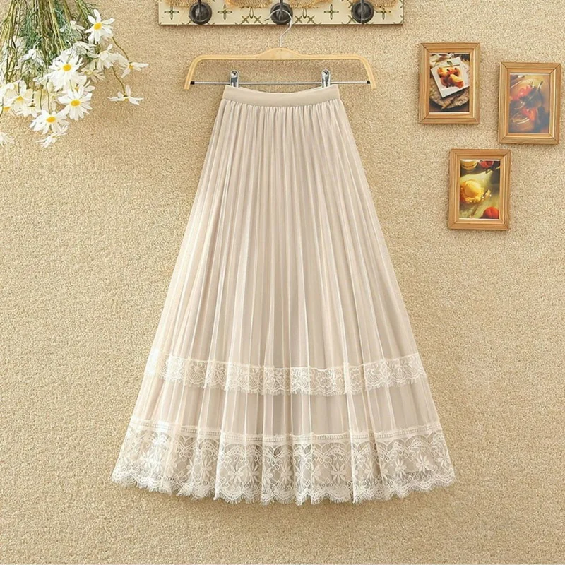 Женская плиссированная юбка средней длины с высокой талией и кружевом