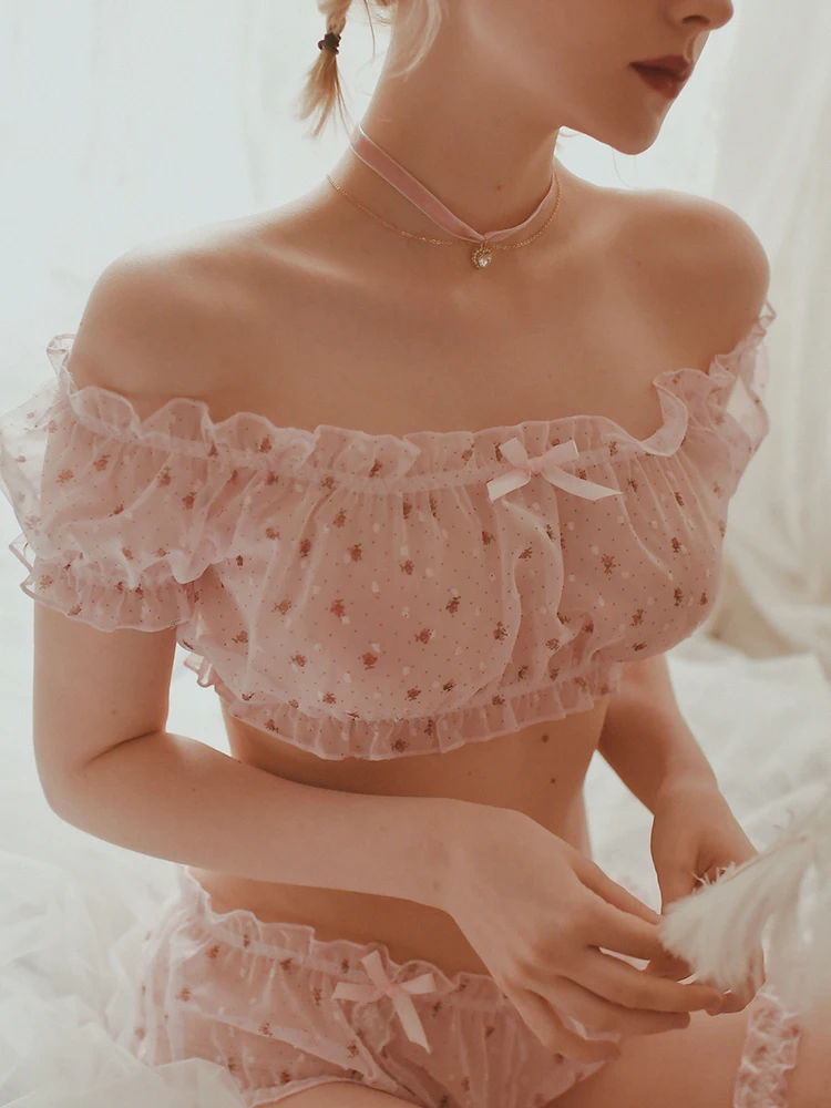 

Women Sheer Stars Ultra-thin Gauze Ruffles Off Shoulder Sleeve Tops Shorts Leg Ring Underwear Set Temptation Sexy Pajamas