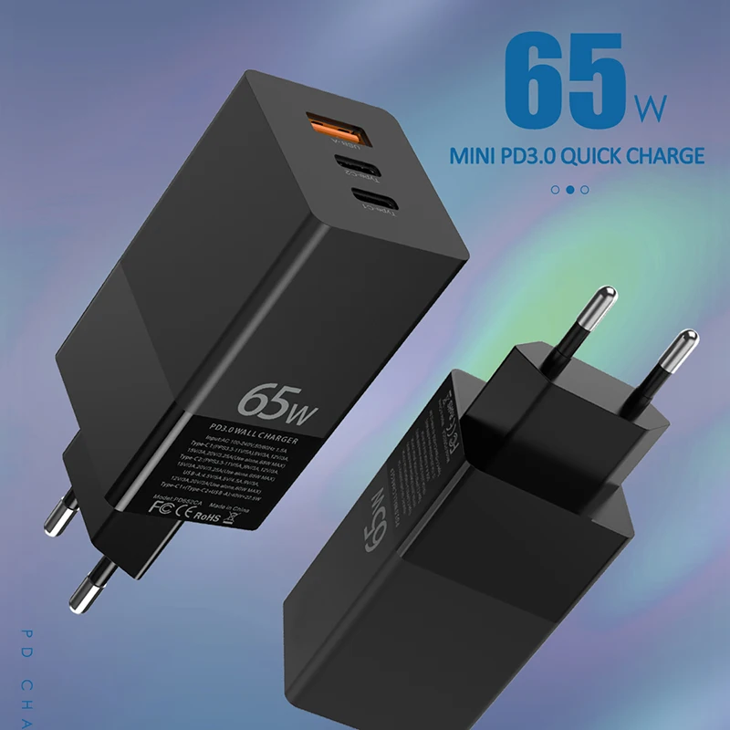 

65 Вт, внешний аккумулятор, адаптер питания, 1 порт PD60W QC3.0, зарядное устройство для планшетов MacBook Pro/Air iPad Pro, 2 порта PD для S8/S10