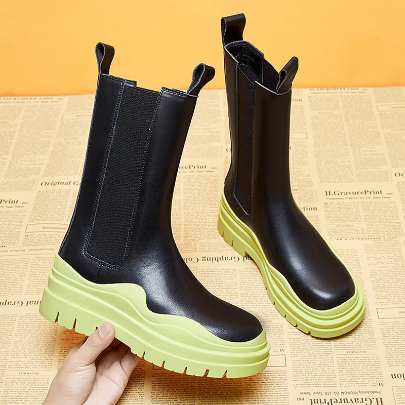 

Women Mid-Calf Boots Basic Genuine Leather Thick Heels Fashion Concise Autumn Winter Shoes Woman Newest Brand High Boots